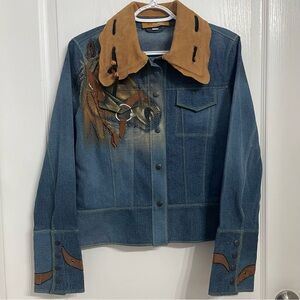 Án for Me RARE Jean Jacket Suede Beaded Horse Hand Painted Embellished Size S/M